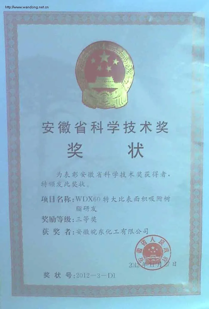 Warmly congratulate our company on winning the Third Prize of Anhui Provincial Science and Technology for the research and development of WDX60 adsorption resin with extremely large specific surface area.